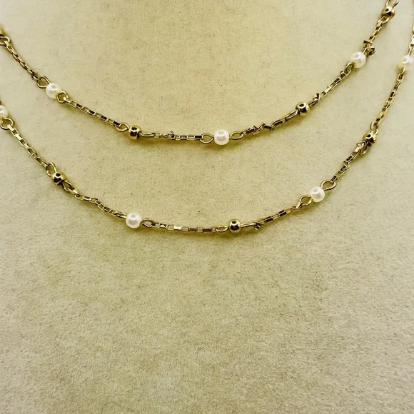 LOFT Gold and Pearl Bead Station Layered Necklace. 14 inches w/a 3 inch extender - Picture 2 of 5
